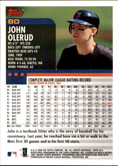 2000 Topps #80 John Olerud back image