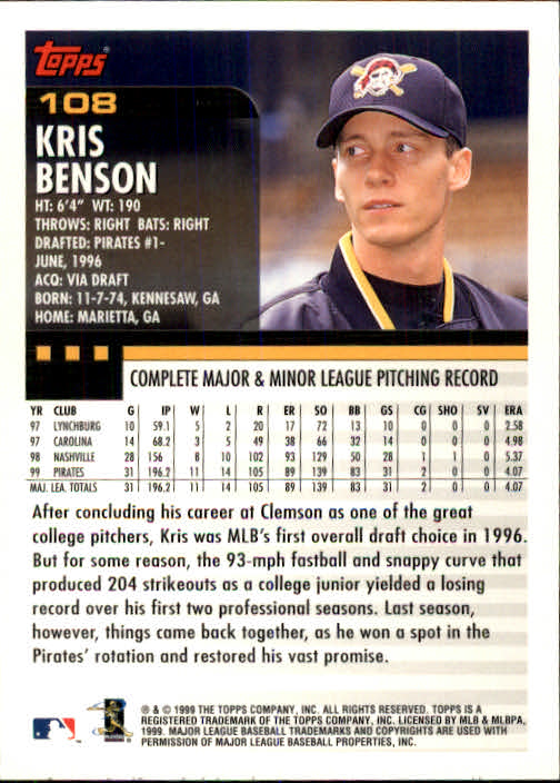 2000 Topps #108 Kris Benson back image