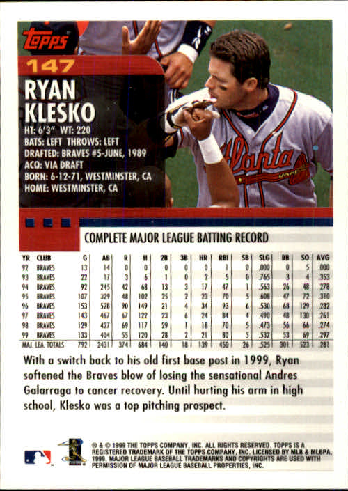 2000 Topps #147 Ryan Klesko back image