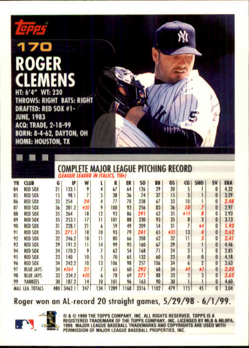 2000 Topps #170 Roger Clemens back image