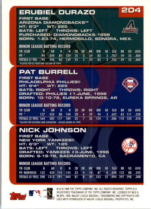 2000 Topps #204 Durazo/Burrell/Johnson back image