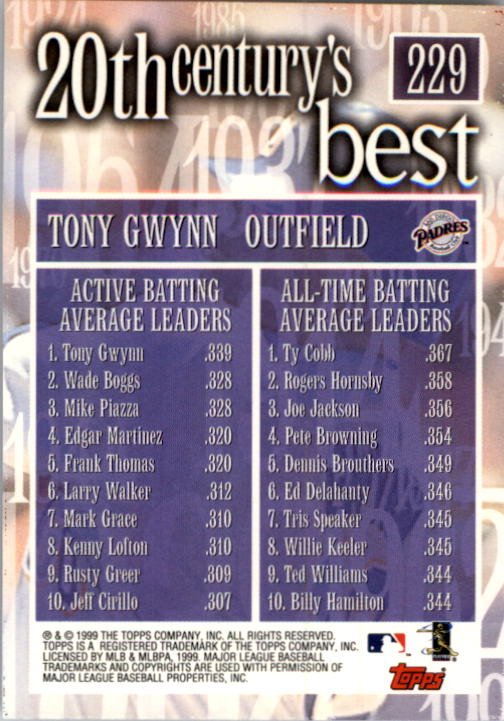 2000 Topps #229 Tony Gwynn 20CB back image