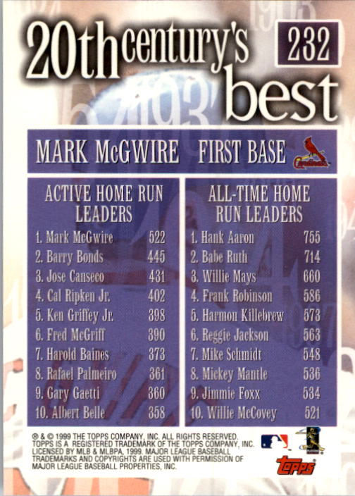2000 Topps #232 Mark McGwire 20CB back image