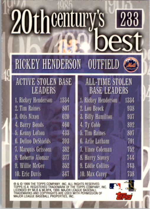 2000 Topps #233 Rickey Henderson 20CB back image