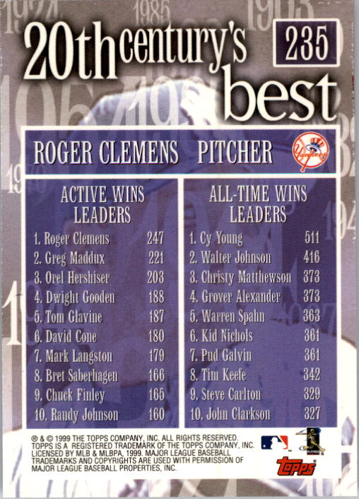 2000 Topps #235 Roger Clemens 20CB back image