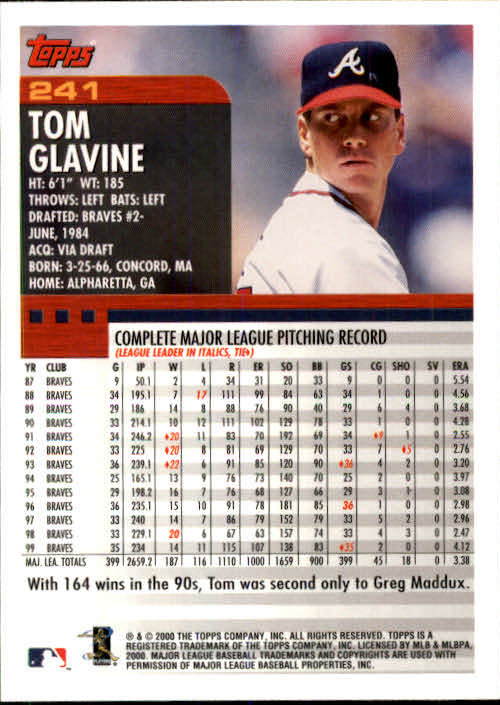 2000 Topps #241 Tom Glavine back image