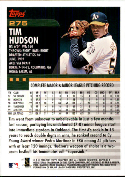 2000 Topps #275 Tim Hudson back image