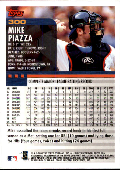 2000 Topps #300 Mike Piazza back image