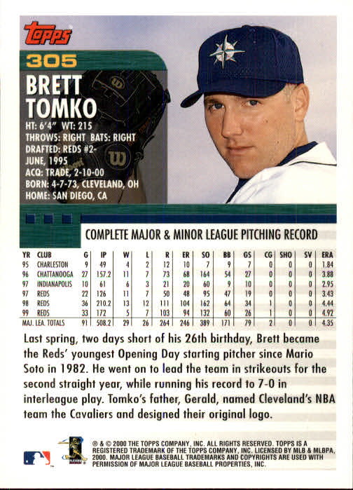 2000 Topps #305 Brett Tomko back image