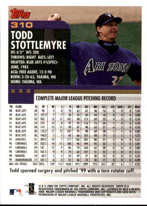 2000 Topps #310 Todd Stottlemyre back image