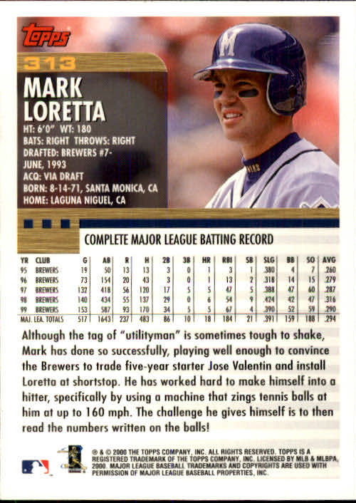 2000 Topps #313 Mark Loretta back image