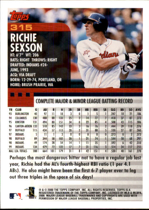 2000 Topps #315 Richie Sexson back image