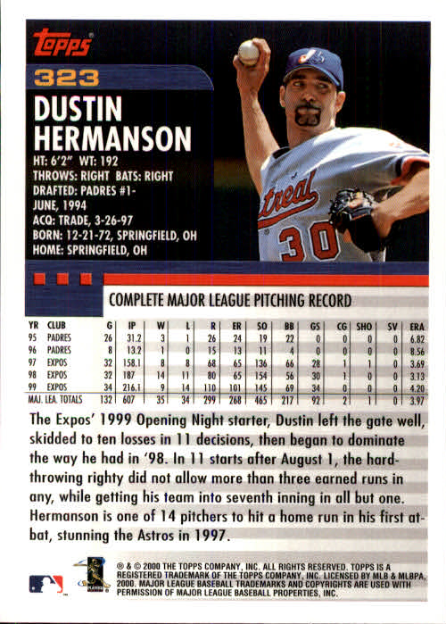 2000 Topps #323 Dustin Hermanson back image