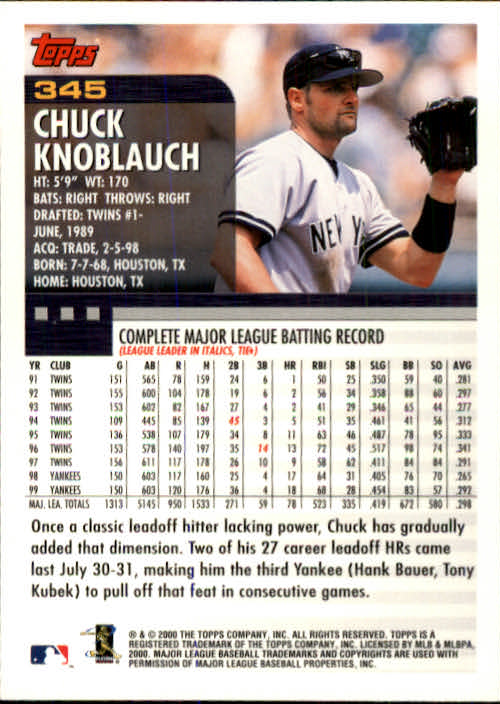 2000 Topps #345 Chuck Knoblauch back image