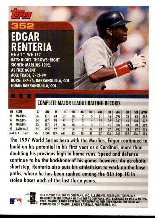 2000 Topps #352 Edgar Renteria back image