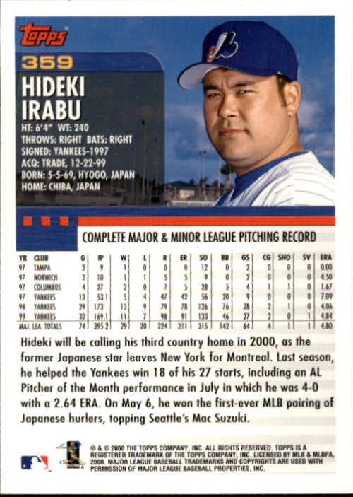 2000 Topps #359 Hideki Irabu back image