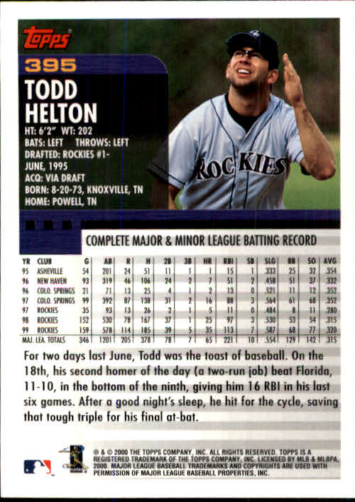 2000 Topps #395 Todd Helton back image
