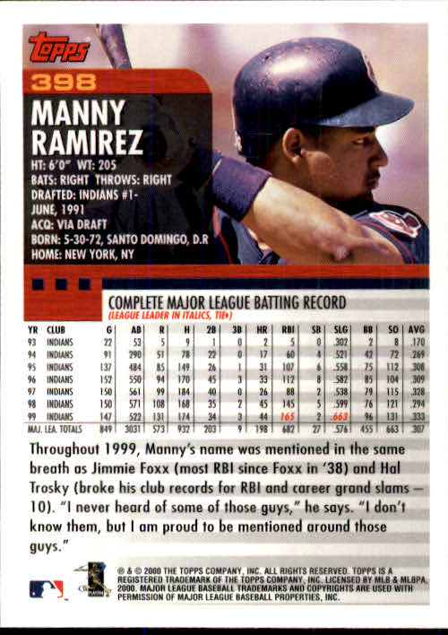 2000 Topps #398 Manny Ramirez back image