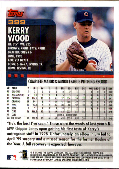 2000 Topps #399 Kerry Wood back image