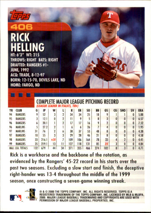 2000 Topps #406 Rick Helling back image