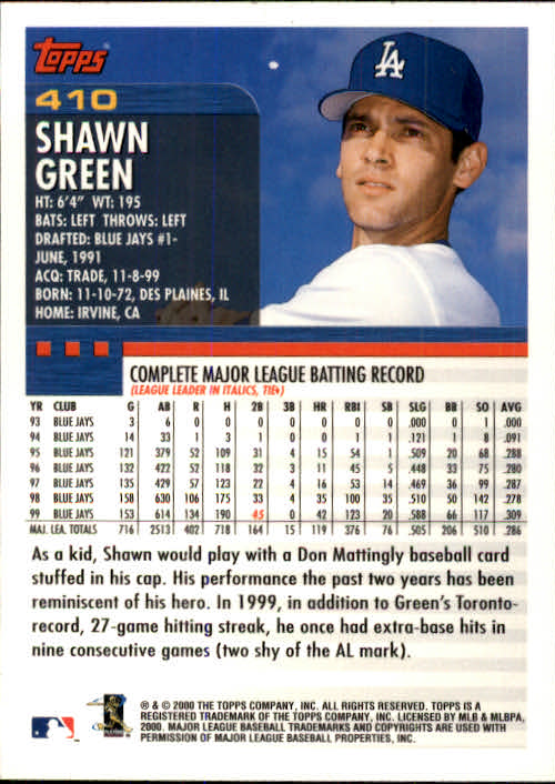 2000 Topps #410 Shawn Green back image
