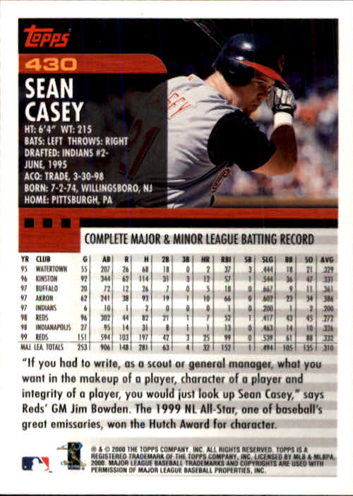 2000 Topps #430 Sean Casey back image