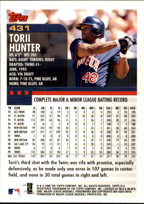 2000 Topps #431 Torii Hunter back image