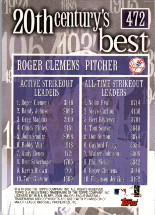 2000 Topps #472 Roger Clemens 20CB back image