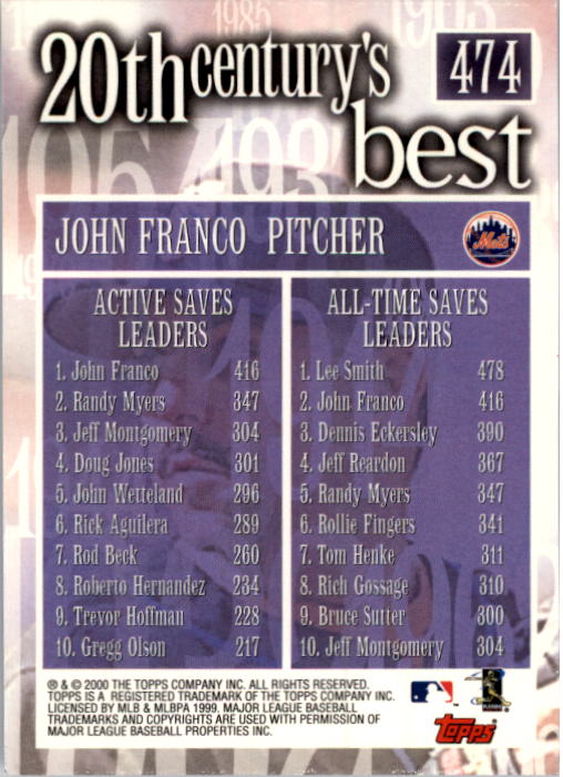 2000 Topps #474 John Franco 20CB back image