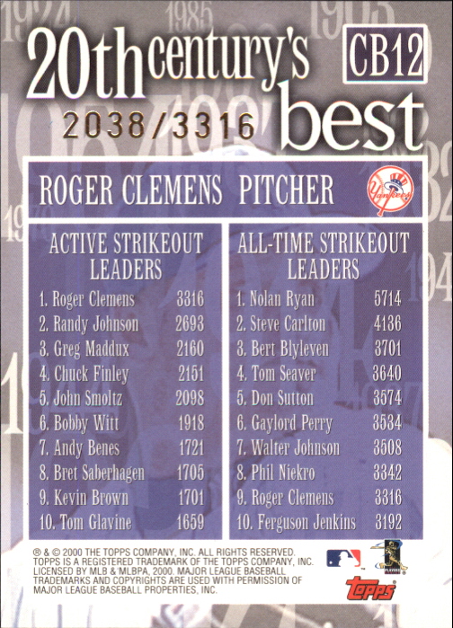 2000 Topps 20th Century Best Sequential #CB12 Roger Clemens K's/3316 back image