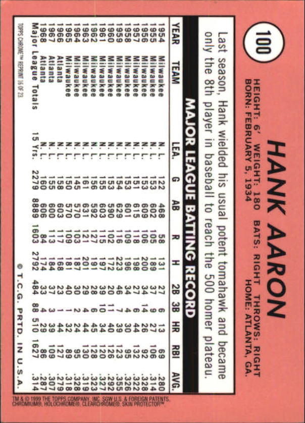 2000 Topps Aaron Chrome #16 Hank Aaron 1969 back image