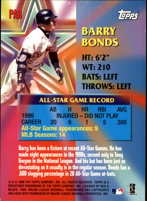 2000 Topps Limited Perennial All-Stars #PA8 Barry Bonds back image