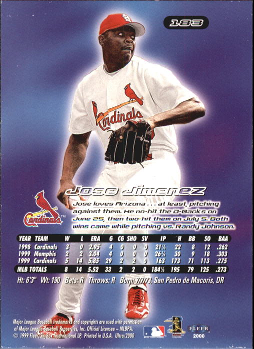 2000 Ultra St. Louis Cardinals Baseball Card #183 Jose Jimenez | eBay