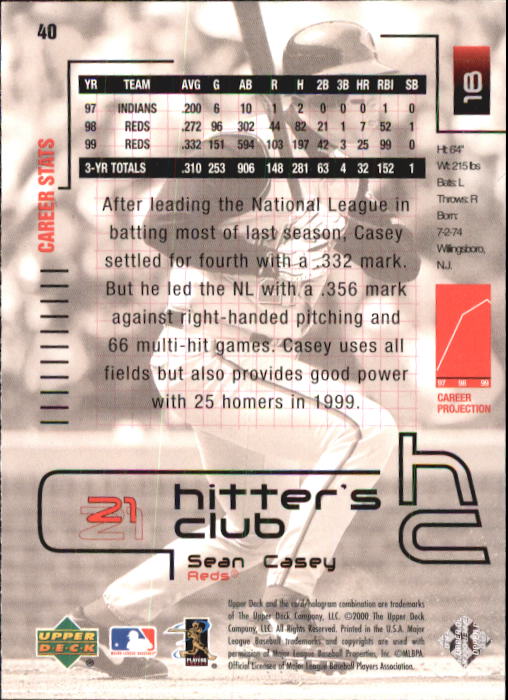2000 Upper Deck Hitter's Club #40 Sean Casey back image
