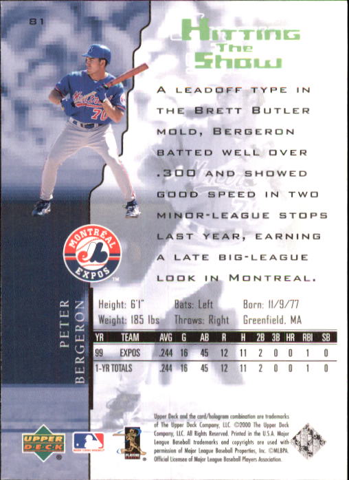 2000 Upper Deck Hitter's Club #81 Peter Bergeron HS back image