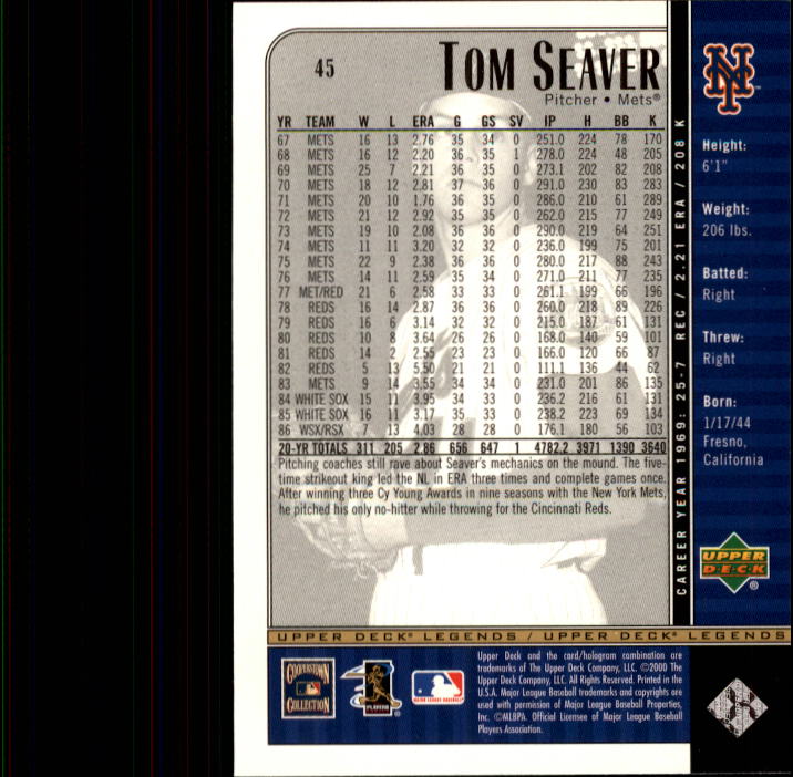 2000 Upper Deck Legends #45 Tom Seaver back image