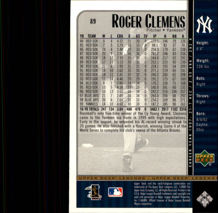 2000 Upper Deck Legends #89 Roger Clemens back image