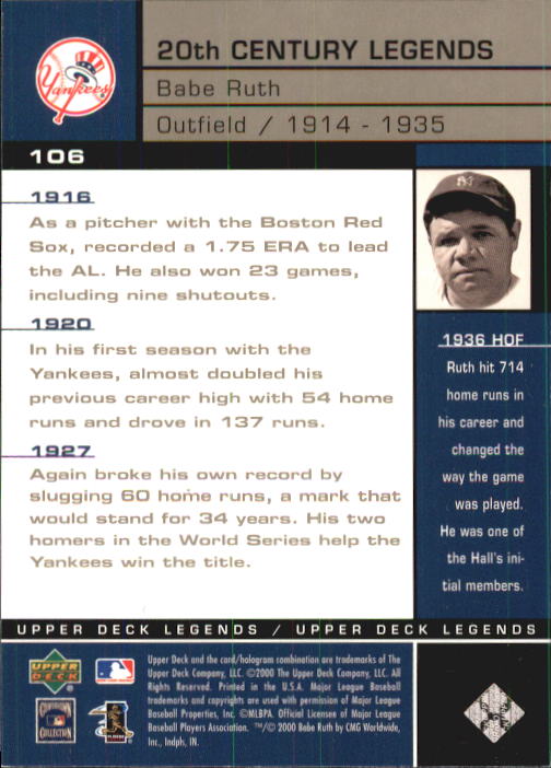 2000 Upper Deck Legends #106 Babe Ruth 20C back image