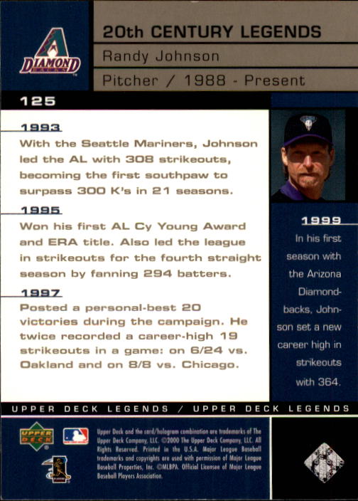 2000 Upper Deck Legends #125 Randy Johnson 20C back image