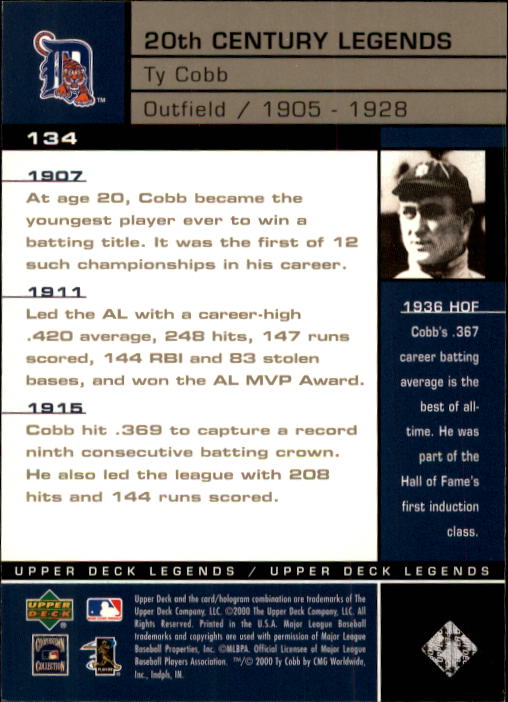 2000 Upper Deck Legends #134 Ty Cobb 20C back image