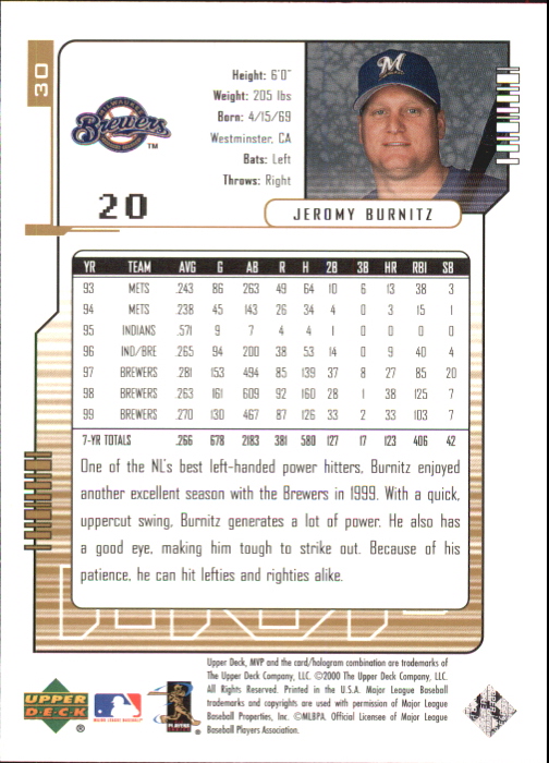 2000 Upper Deck MVP Gold Script #30 Jeromy Burnitz back image