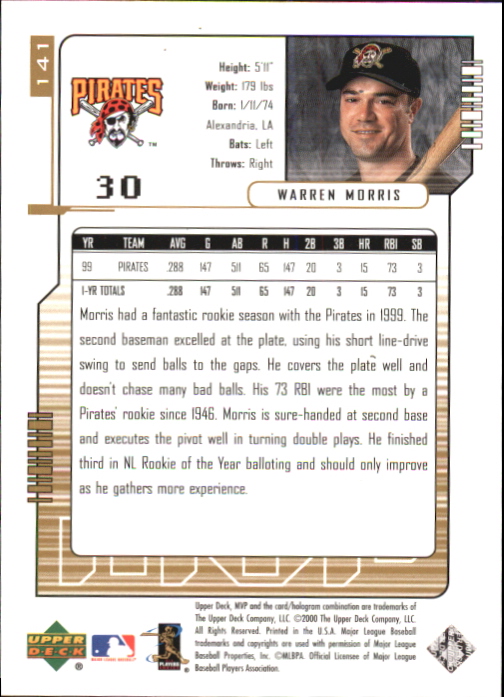 2000 Upper Deck MVP Gold Script #141 Warren Morris back image