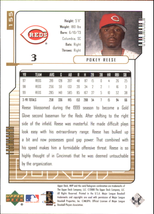2000 Upper Deck MVP Gold Script #155 Pokey Reese back image