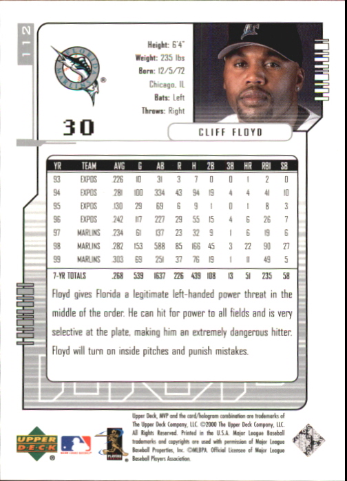 2000 Upper Deck MVP Super Script #112 Cliff Floyd back image