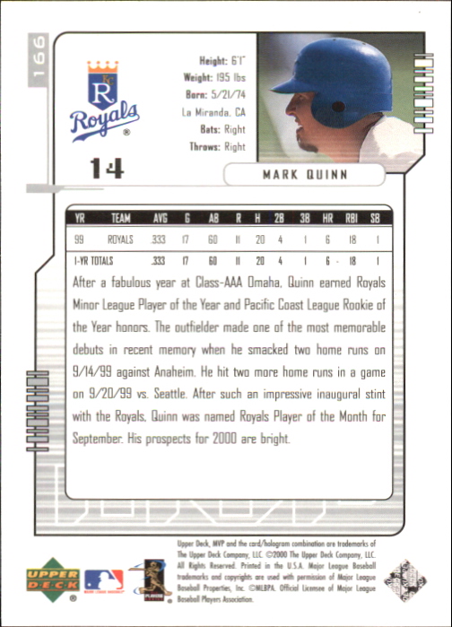 2000 Upper Deck MVP Super Script #166 Mark Quinn back image