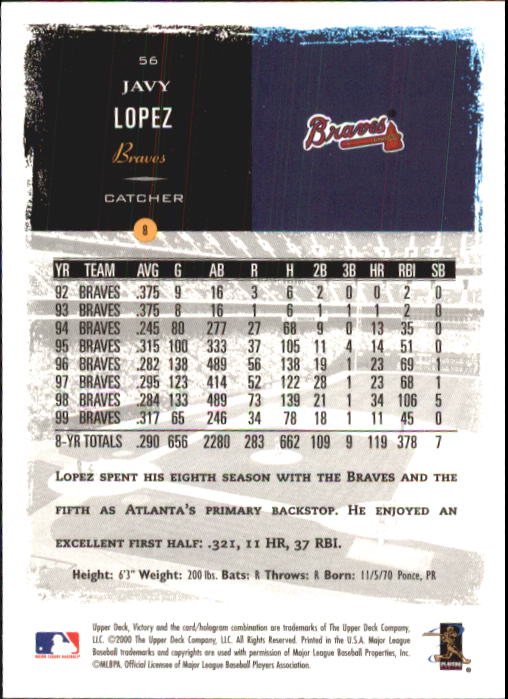 2000 Upper Deck Victory #56 Javy Lopez back image