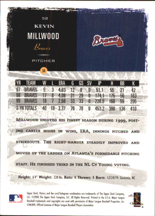 2000 Upper Deck Victory #58 Kevin Millwood back image