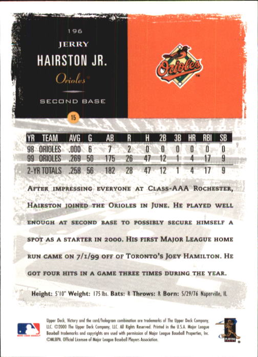2000 Upper Deck Victory #196 Jerry Hairston Jr. back image
