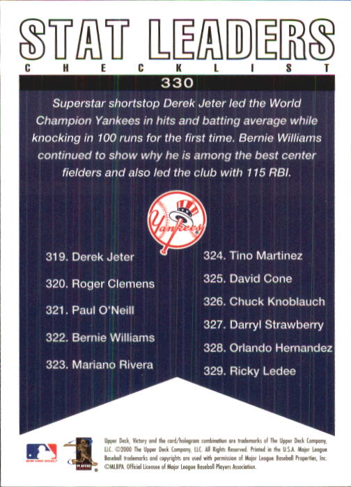 2000 Upper Deck Victory #330 D.Jeter/B.Williams CL back image