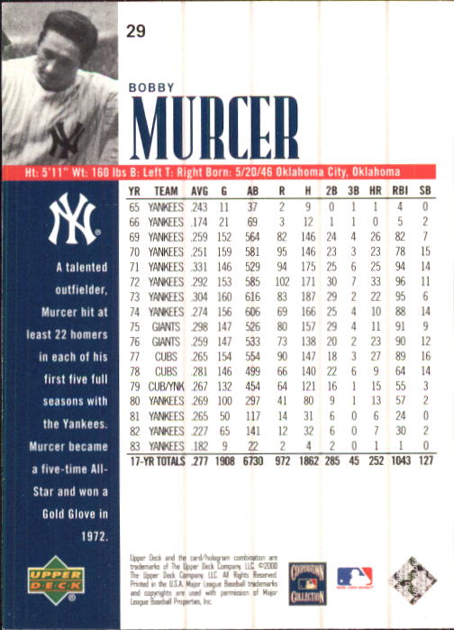 2000 Upper Deck Yankees Legends #29 Bobby Murcer back image